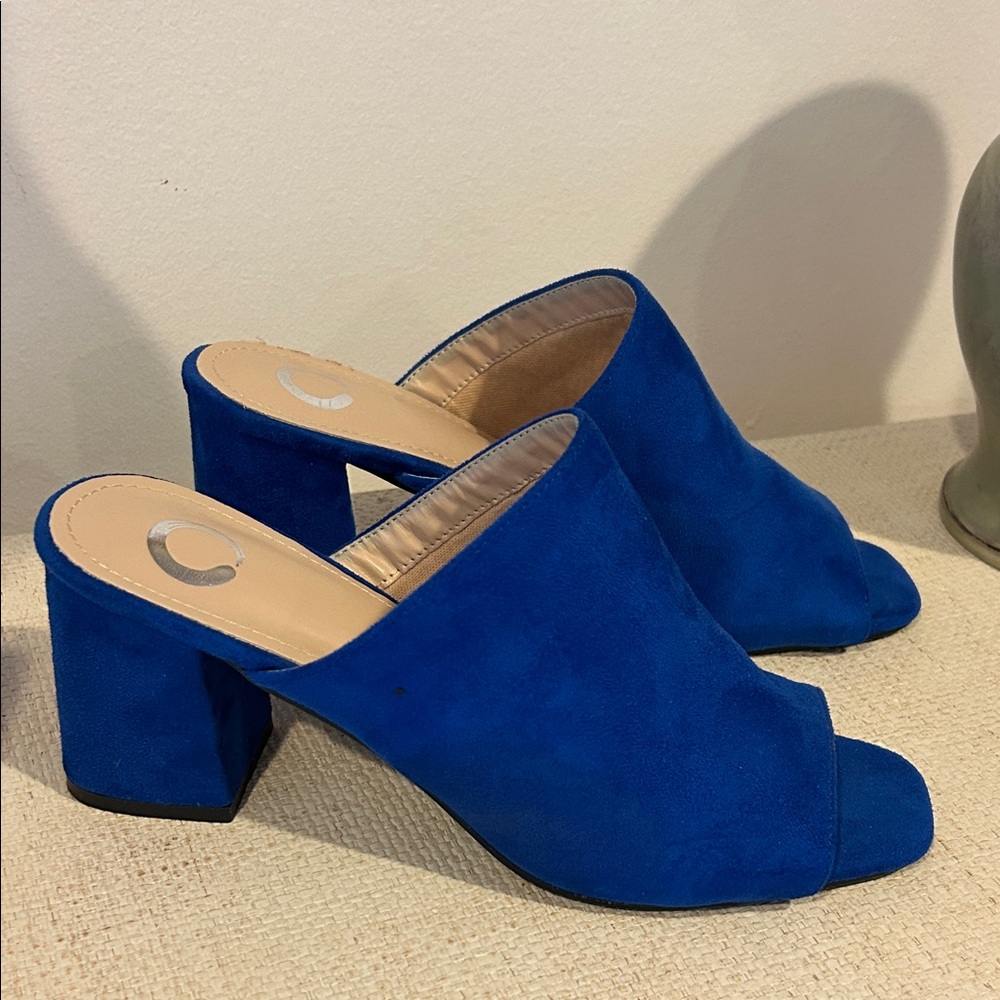 Blue Suede Block Heel Mules